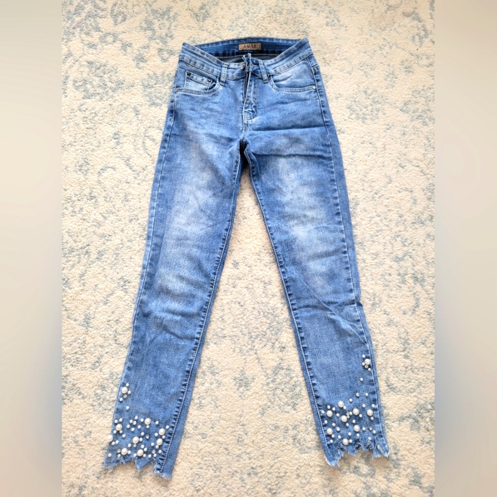 Pearl Embroidery Skinny Jeans Size 25